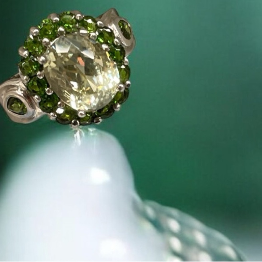 Elegant Prasiolite and Tsavorite Garnet Ring set in Sterling Silver    size 5.25
